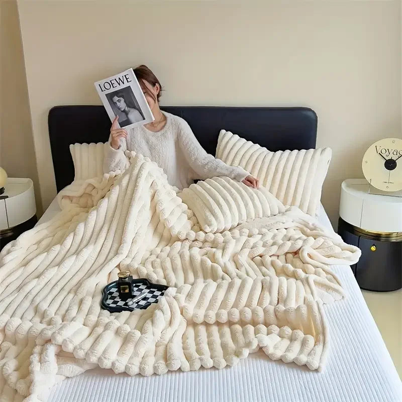 Simplicity Solid Color Thick Wide Strip Blanket for Winter