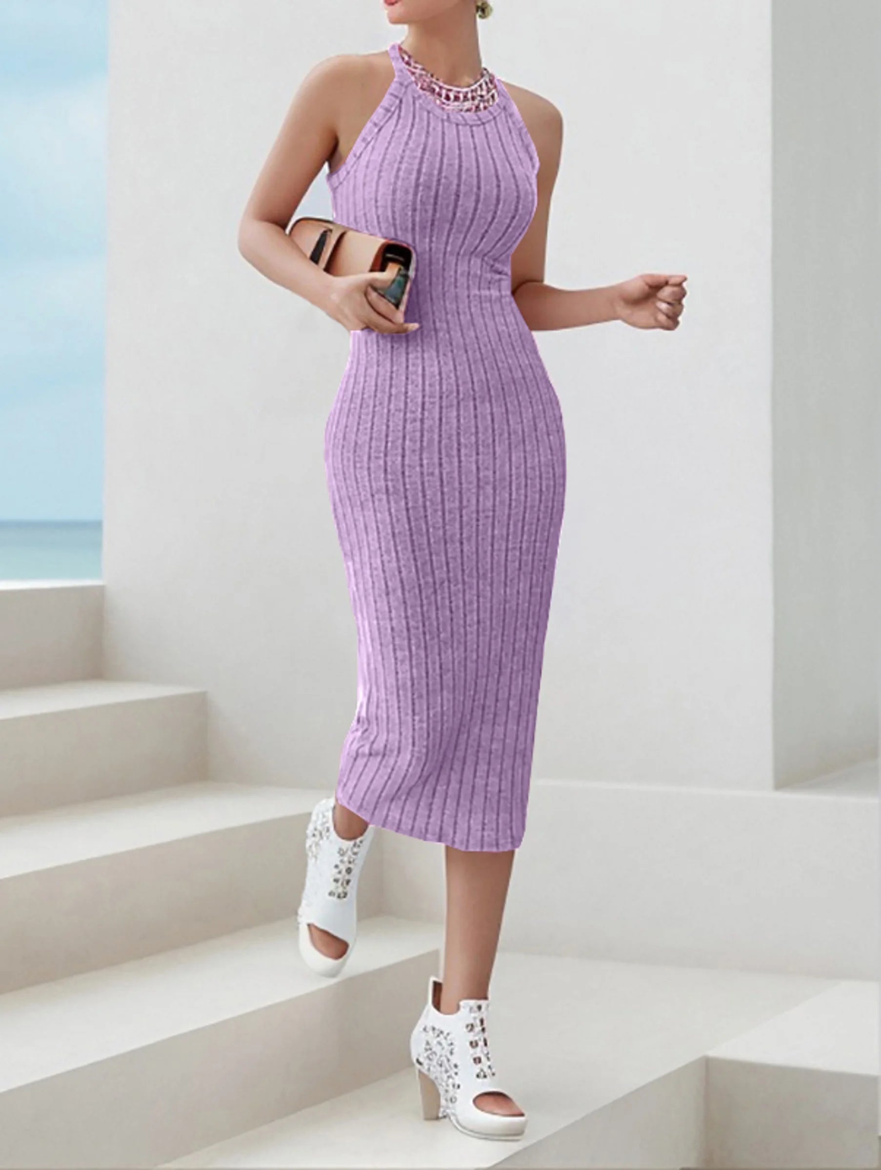Timeless Elegance: Solid Halter Neck Bodycon Ribbed Knit Tank Dress for Women by OurLum  OurLum.com   