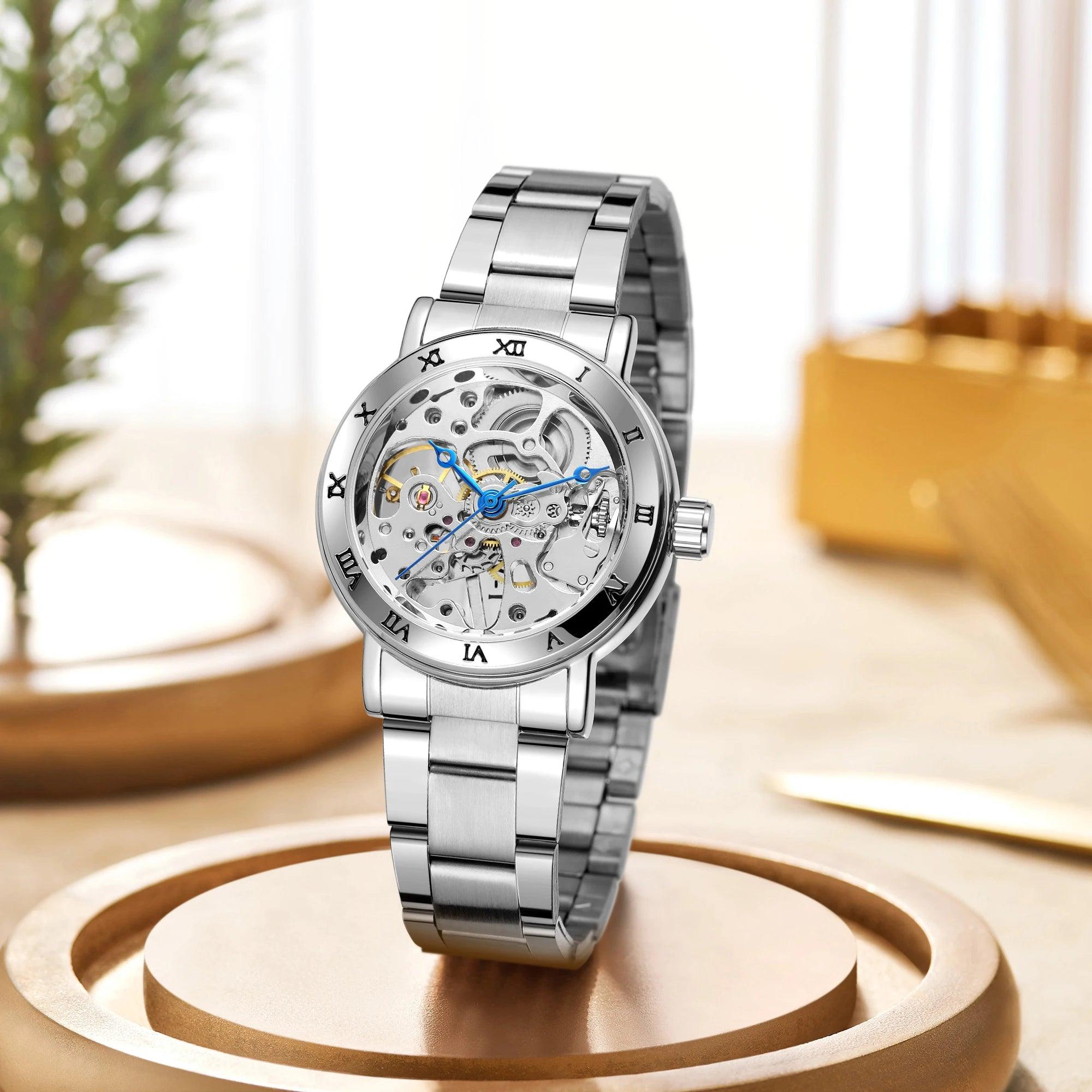 Elegant Skeleton Mechanical Watch for Women with Stainless Steel Strap - Stylish Timepiece for Every Occasion  OurLum.com   