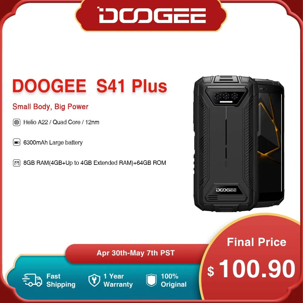 DOOGEE S41 Plus Rugged Phone 5.5" IPS HD 13MP AI Triple Camera 8GB RAM (4GB+Up to 4GB RAM)  +128GB ROM 6300mAh Android 13 Phone