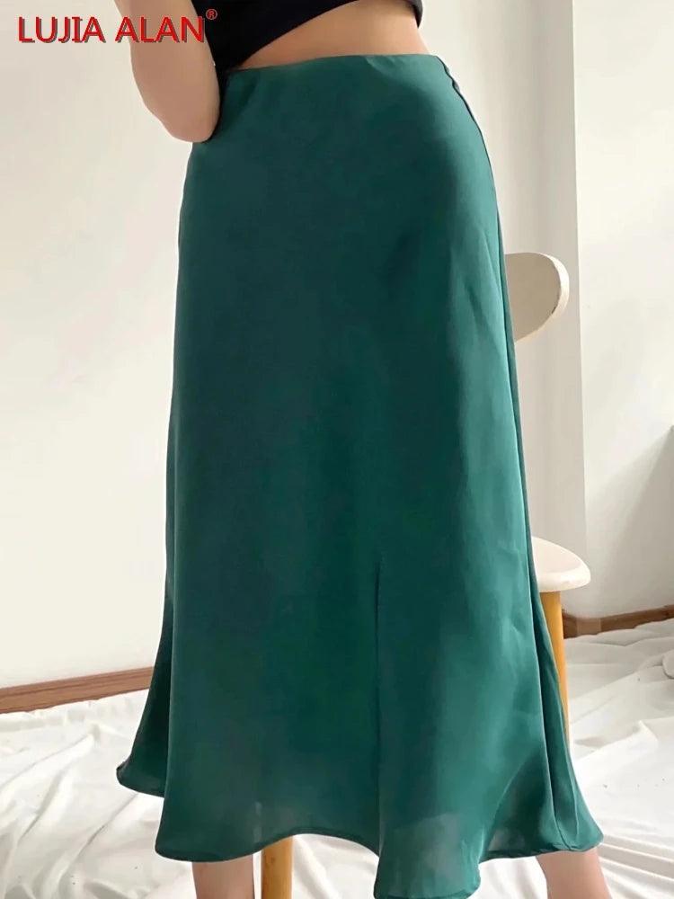 Elegant Solid Satin A-Line Midi Skirt - Summer Fashion Essential  ourlum.com   