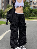 Y2K Parachute Black Pants Women Hippie Streetwear Cargo Trousers