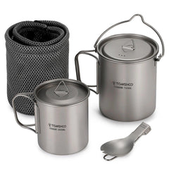 Ultralight Titanium Camping Cookware Set - 750ml Pot, 450ml Mug, and Folding Spork for Backpacking Adventures