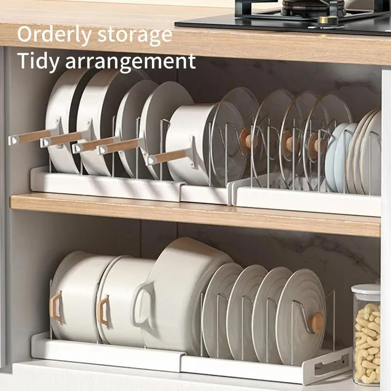 Expandable Stainless Steel Kitchen Pot Rack Organizer - Adjustable Cookware and Cutting Board Storage Shelf