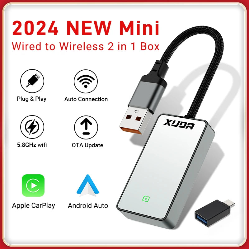 New 2 In1 Carplay& Android Auto Glass Mirror Mini Carplay Box Wired to Wireless Carplay Adapter for USB/Type C Plug & Play