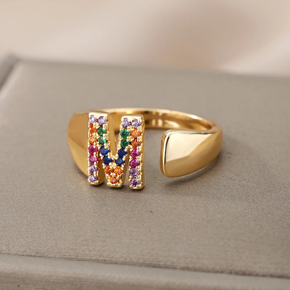 Rainbow Zircon Letter Rings For Women Fashion Jewelry 2024