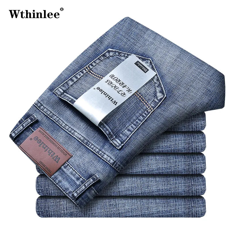 Classic Blue Stretch Denim Trousers for Men by WTHINLEE  ourlum.com   