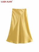 Solid Satin A-Line Midi Skirt Stylish Summer Fashion Statement