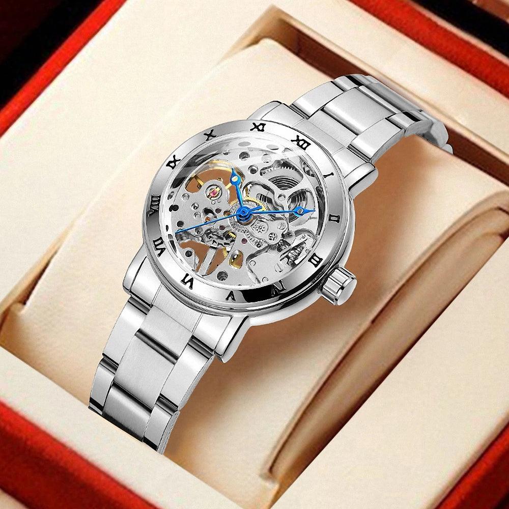 Elegant Skeleton Mechanical Watch for Women with Stainless Steel Strap - Stylish Timepiece for Every Occasion  OurLum.com   