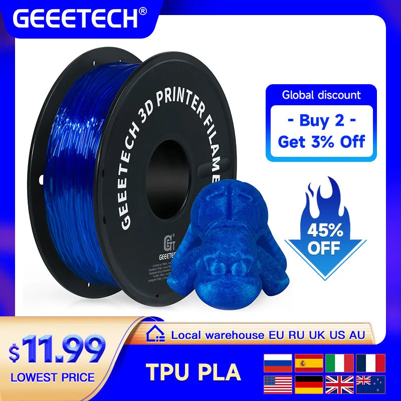 GEEETECH TPU 3D Printer Flexible Filament material 1kg 2.2LBS/Spool 1.75mm Plastic Vacuum Packaging Non-Toxic Shore Hardness 95A