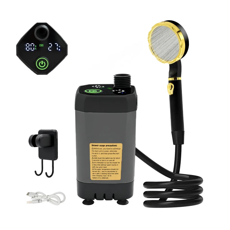 Portable Rechargeable Camping Shower with Intelligent Display and Adjustable Settings - 6000mAh Battery RV Outdoor Shower Kit