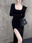 Elegant Black Bodycon Dress Chic Square Collar Side Slit