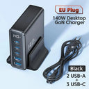 Toocki 140W GaN USB Desktop Charger with LED Display - Fast Charging Hub for iPhone  Smartphone Laptop  ourlum.com EU Black  