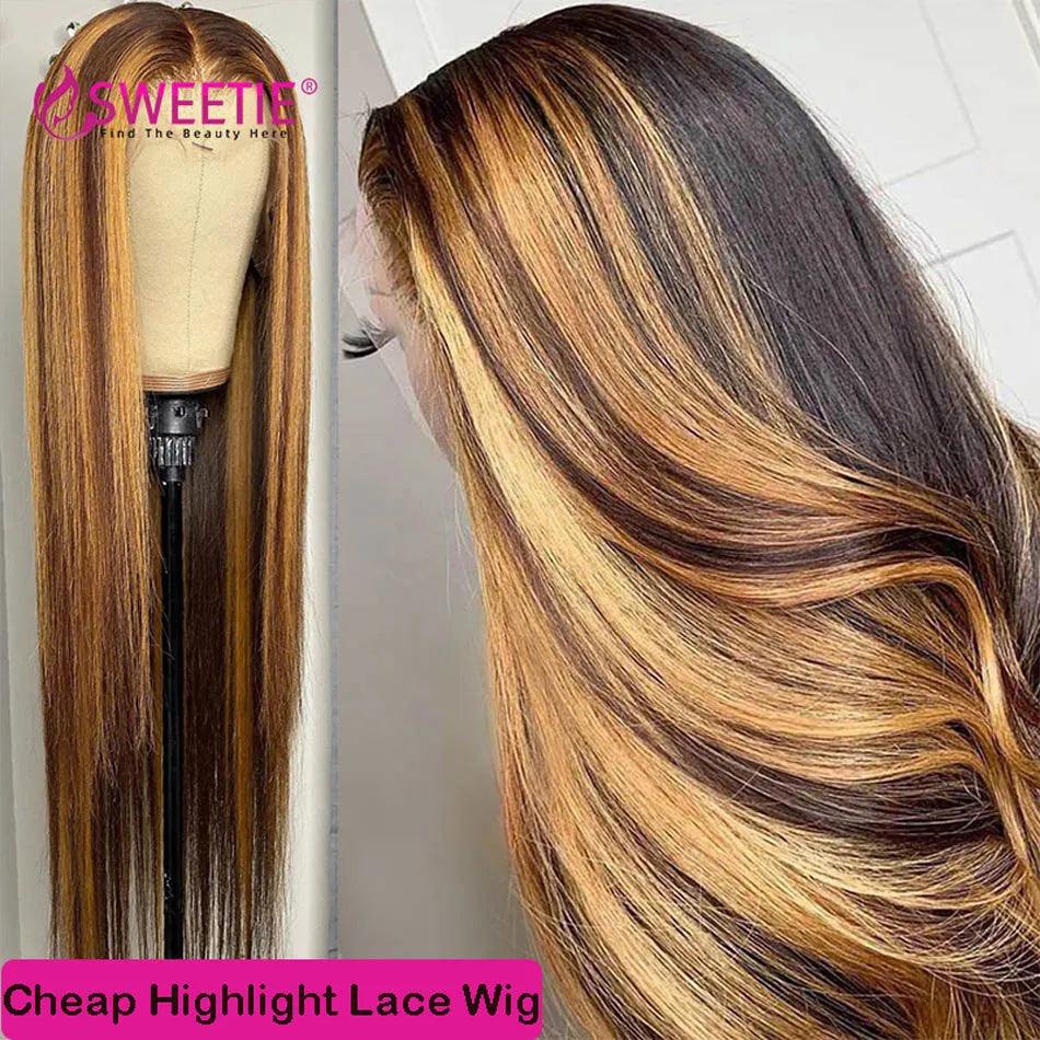 34" Bone Straight Ombre Lace Front Human Hair Wig with Honey Blonde Highlights - Premium Quality  ourlum.com 4x4 Lace Closure Wig 14inches 150%