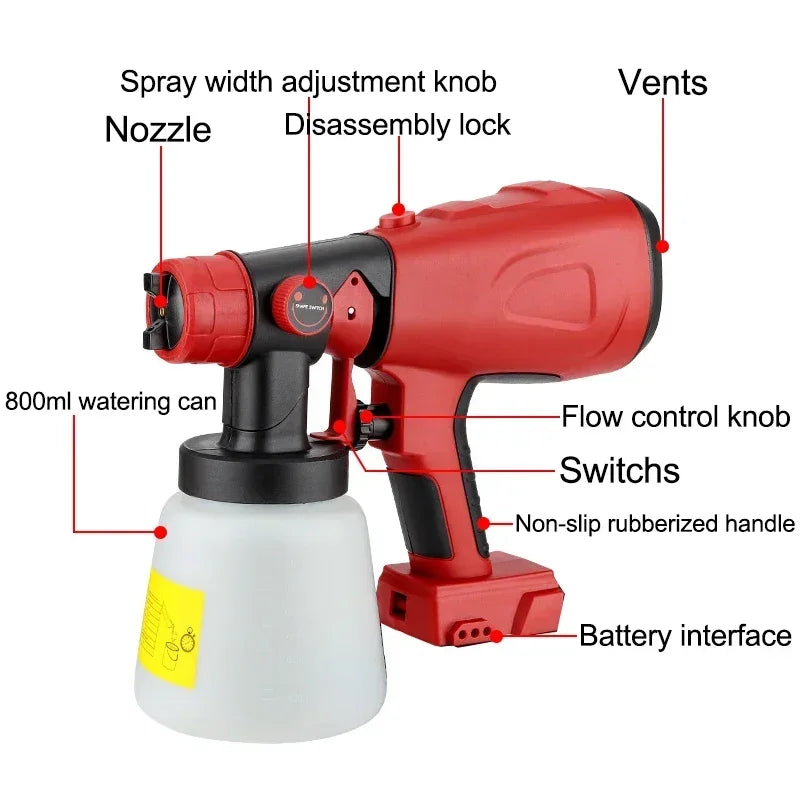 Cordless 800ML Electric Paint Sprayer for Makita/Dewalt/Milwaukee/Bosch Batteries