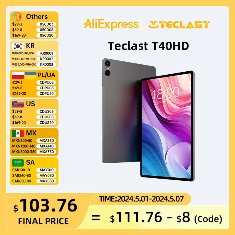 Teclast T40HD Tablet 10.4'' 2000x1200 FHD+ Display 8+8GB RAM 128GB ROM UNISOC T606 Octa Core Android 13 OS Widevine L1 Tablet 4G