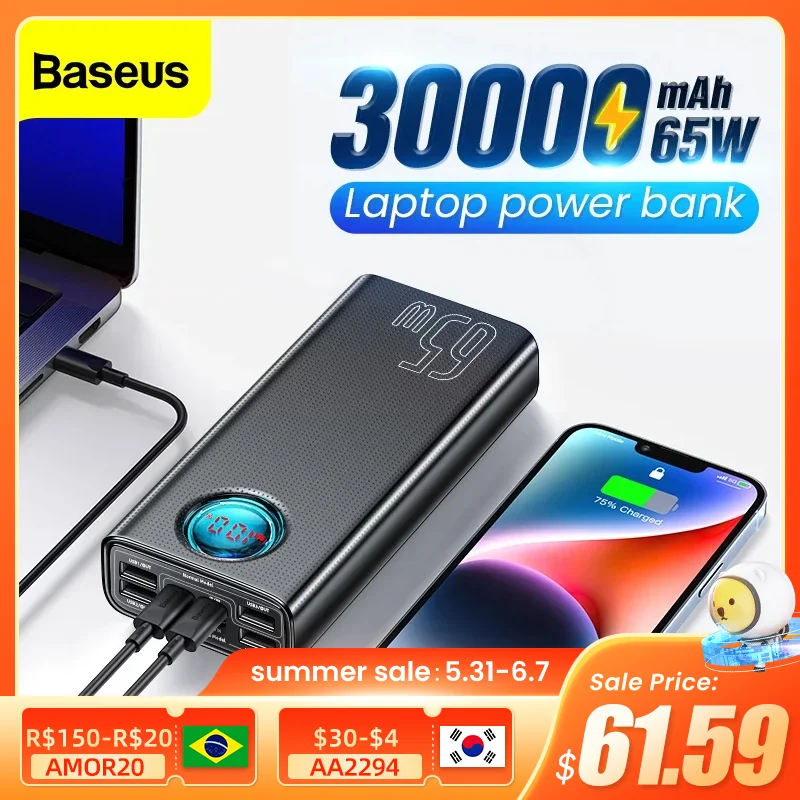 Baseus 65W Power Bank 30000mAh USB C PD Fast Charge 20000 Powerbank Portable External Battery Charger For MacBook Laptop Tablet  ourlum.com   