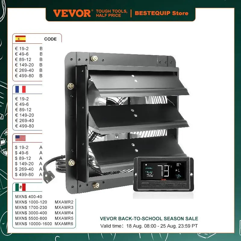 VEVOR Shutter Exhaust Fan 12'' with Temperature Humidity Controller EC/AC-motor 940 CFM 10-Speed Adjustable Wall Mount Attic Fan