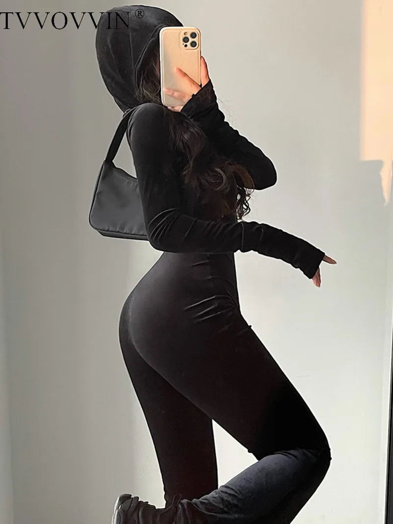 TVVOVVIN Black Velvet Hooded Jumpsuit Romper - Stylish & Elegant Korean-Inspired Piece  OurLum.com   