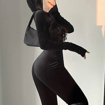TVVOVVIN Black Velvet Hooded Jumpsuit Romper - Stylish & Elegant Korean-Inspired Piece  OurLum.com   