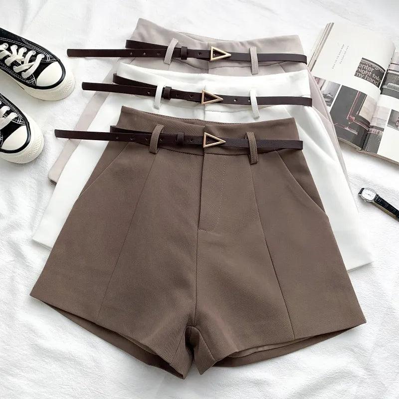 Chic Office Lady Shorts: Vintage-Inspired High Waist A-line Trousers with Belt for Women  ourlum.com   