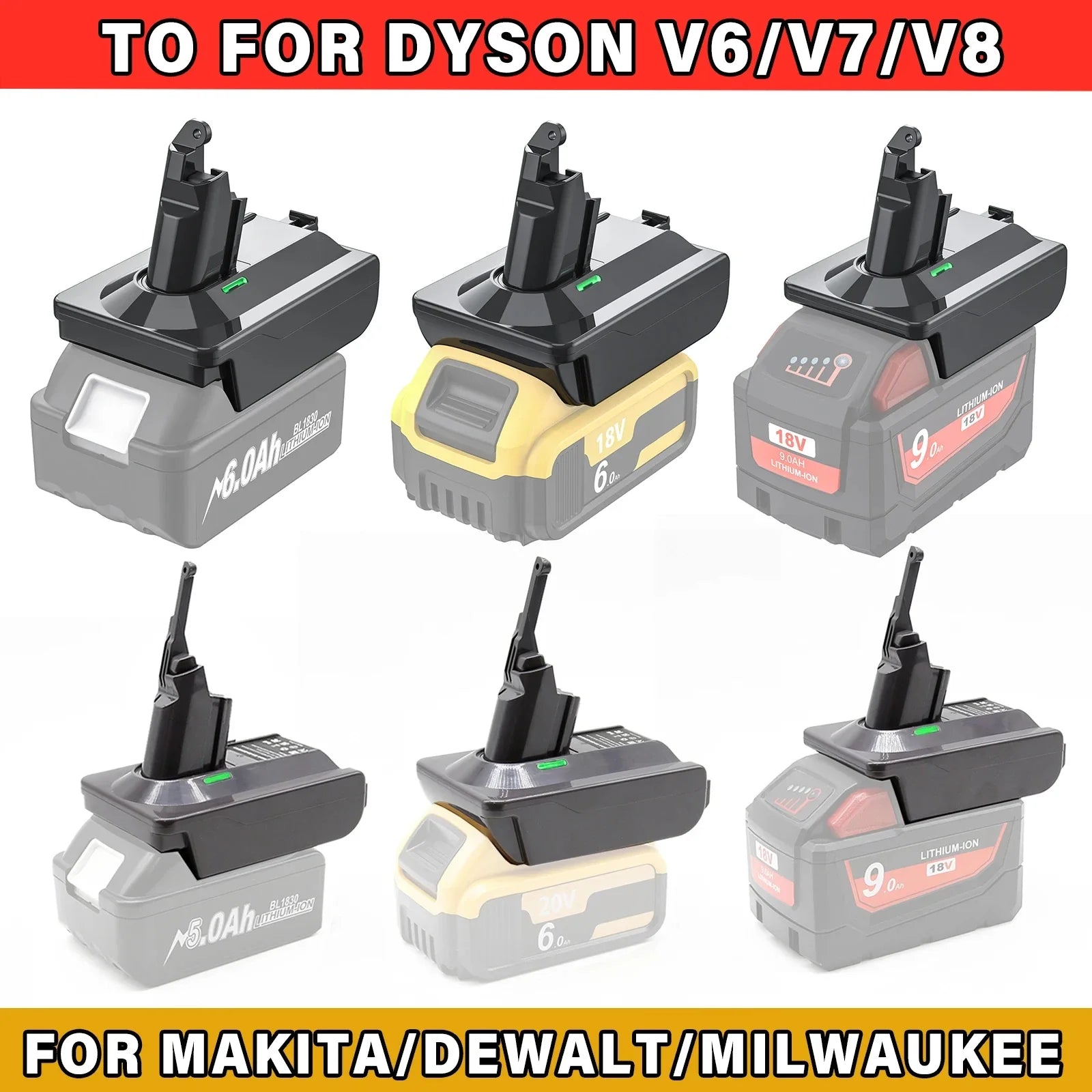 18V Lithium Battery Adapter for Dyson V6 V7 V8 Vacuum - Makita, Dewalt, Milwaukee Compatible