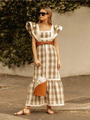 Elegant Striped Long Dress: Stylish Square Collar Robe