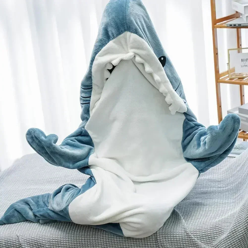 Cartoon Shark Blanket Hoodie Women Kigurumi Playsuit Kids Parents Hooded Warm Flannel Funny Homewear Shark Onesie Sleeping Bag