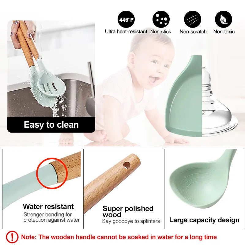 Eco-Friendly Silicone Kitchen Utensils Set with Wooden Handles - Non-Stick Cooking Tools for Home Chefs