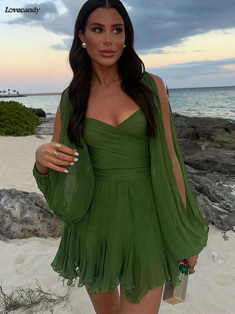 Elegant Green Mesh Hollow Out Lantern Sleeve Mini Dress - Women's Chic V Neck Short Dresses for Spring/Summer  OurLum.com   