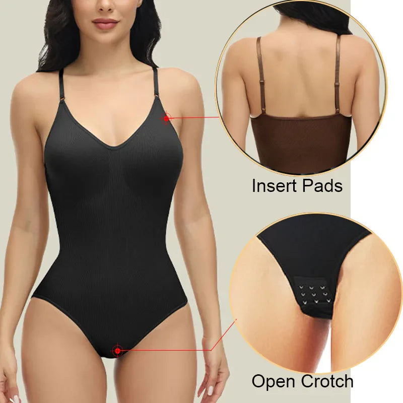 GUUDIA V Neck Spaghetti Strap Compression Bodysuit - Open Crotch Slimming Shapewear