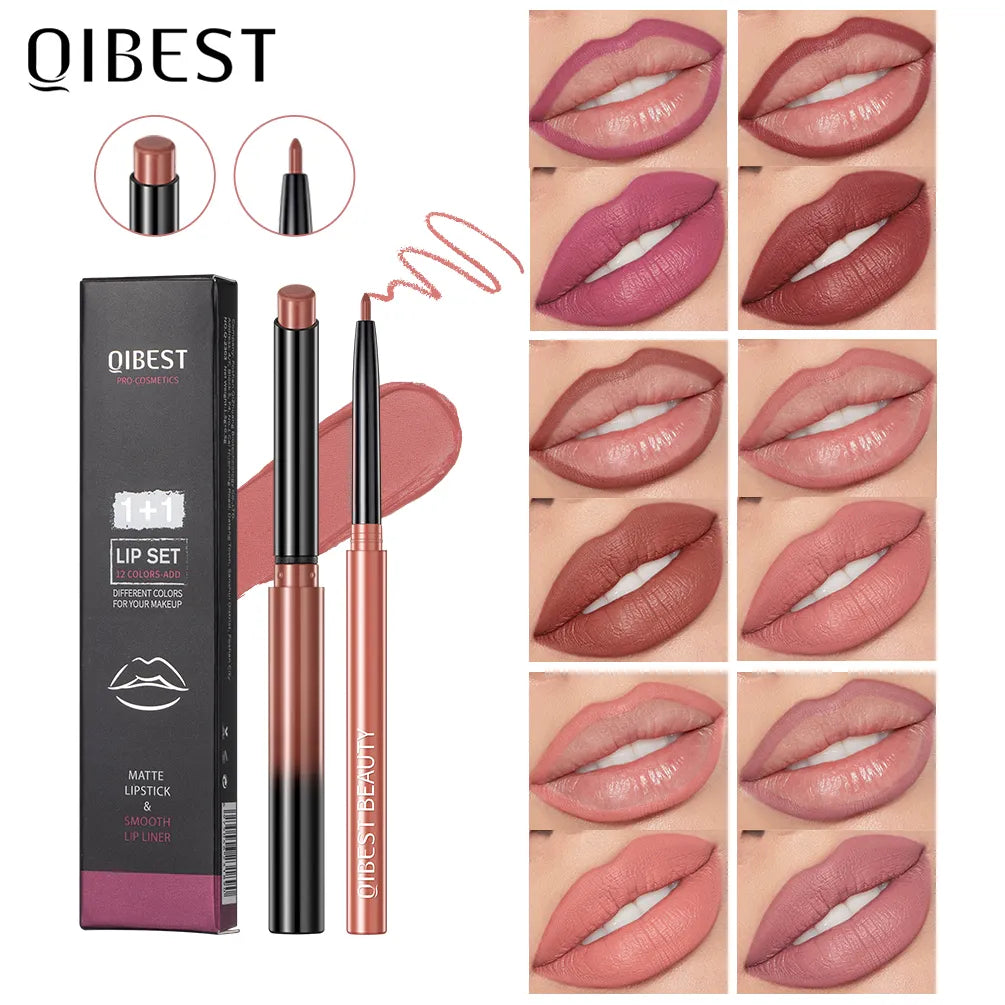 QIBEST 2pcs Lipstick Lipliner Pen Set Matte Velvet Lip Liner Pencil Contour Makeup Sexy Red Lip Stick Long Lasting Cosmetics  ourlum.com   