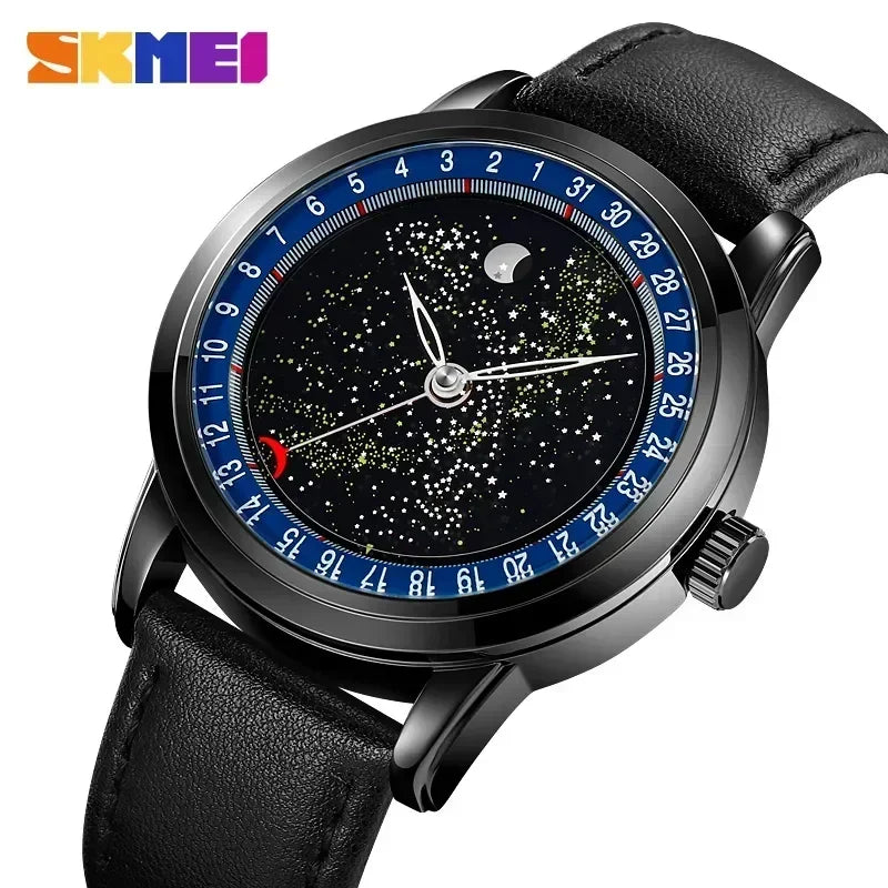 Starry Sky Moon Phase Genuine Leather Men's Casual Wristwatch  OurLum.com   