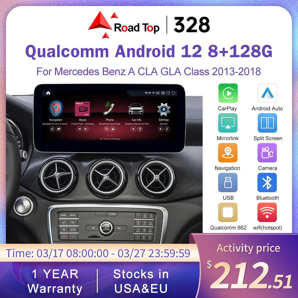 8+128G Qualcomm Android 12 Touch Screen Multimedia Player Display Navigation LTE BT Wifi GPS For Benz A CLA GLA CLass 2013-2018