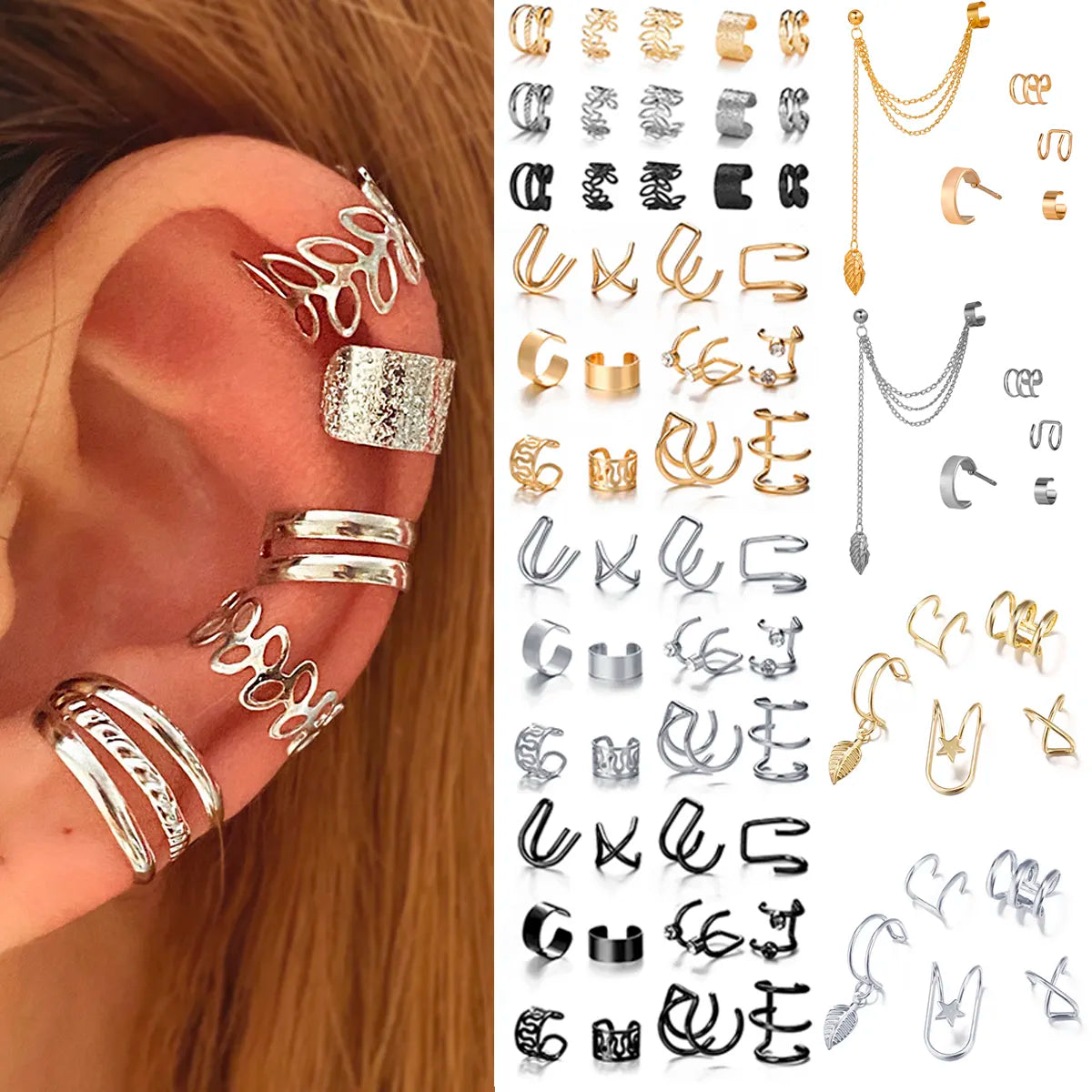 Unisex Boho Silver Leaf Non-Piercing Clip Earrings - Chic & Versatile Jewelry Set