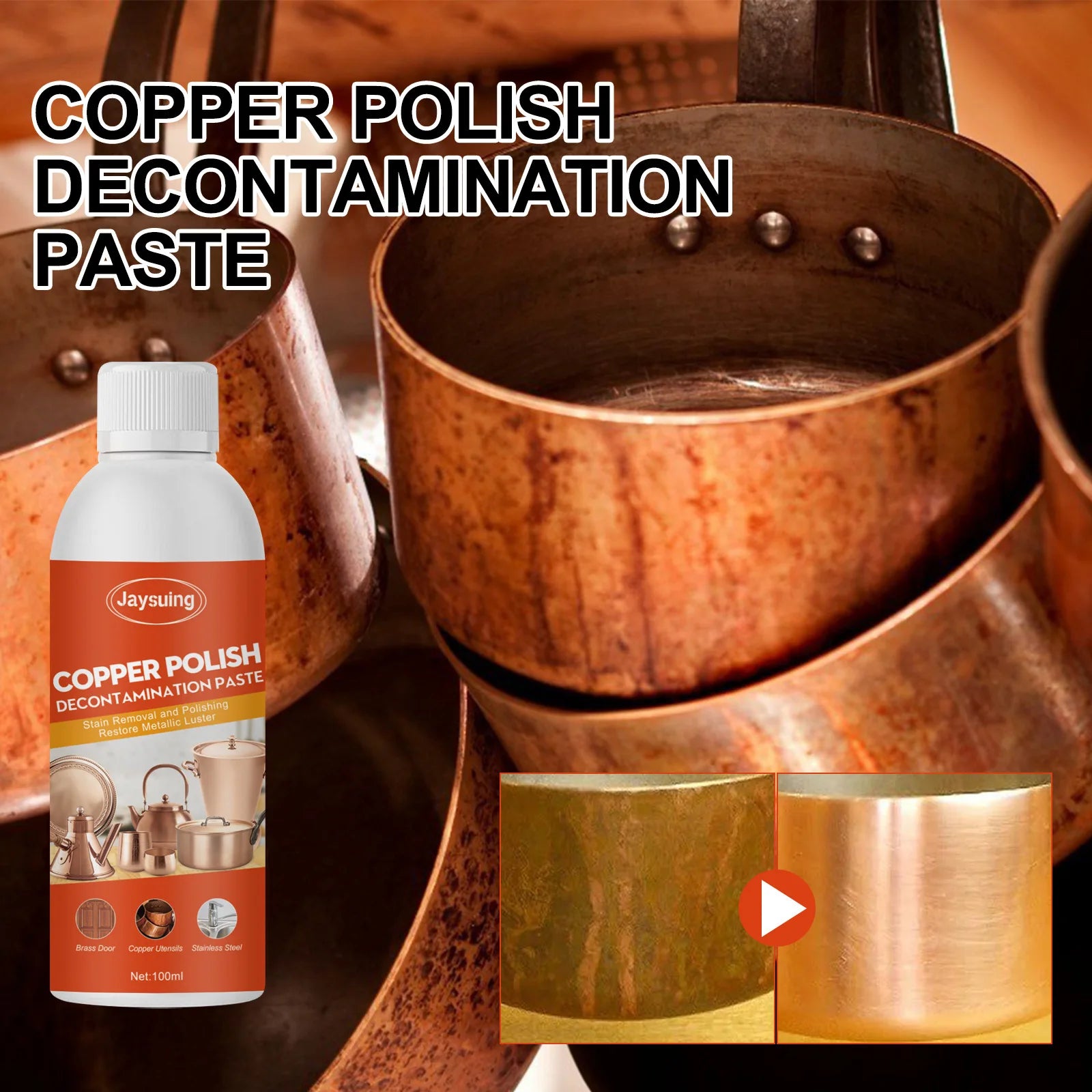 100ML Fast-Acting Metal Polish Cleaner for Copper & Brass - Removes Stains, Tarnish, and Oxidation