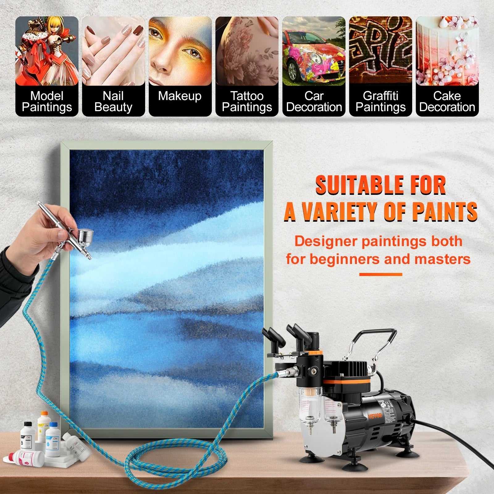 VEVOR Professional Dual-Action Airbrush Kit 120W Electric Spray Gun Air Brush Painting Set Art Nail Tattoo Makeup Model Sprayer