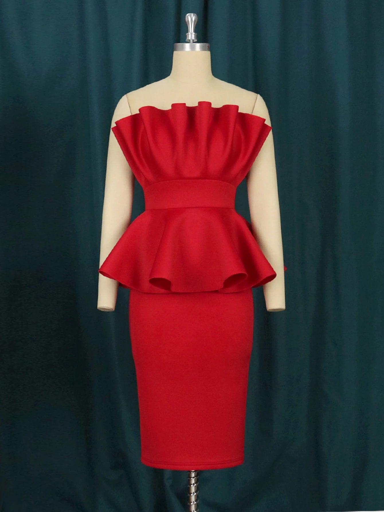 Scarlet Peplum Plus Size 4XL Evening Party Gown with Tube Top and Ruffles  OurLum.com   