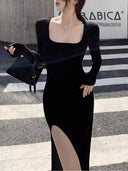 Elegant Black Bodycon Dress Chic Square Collar Side Slit