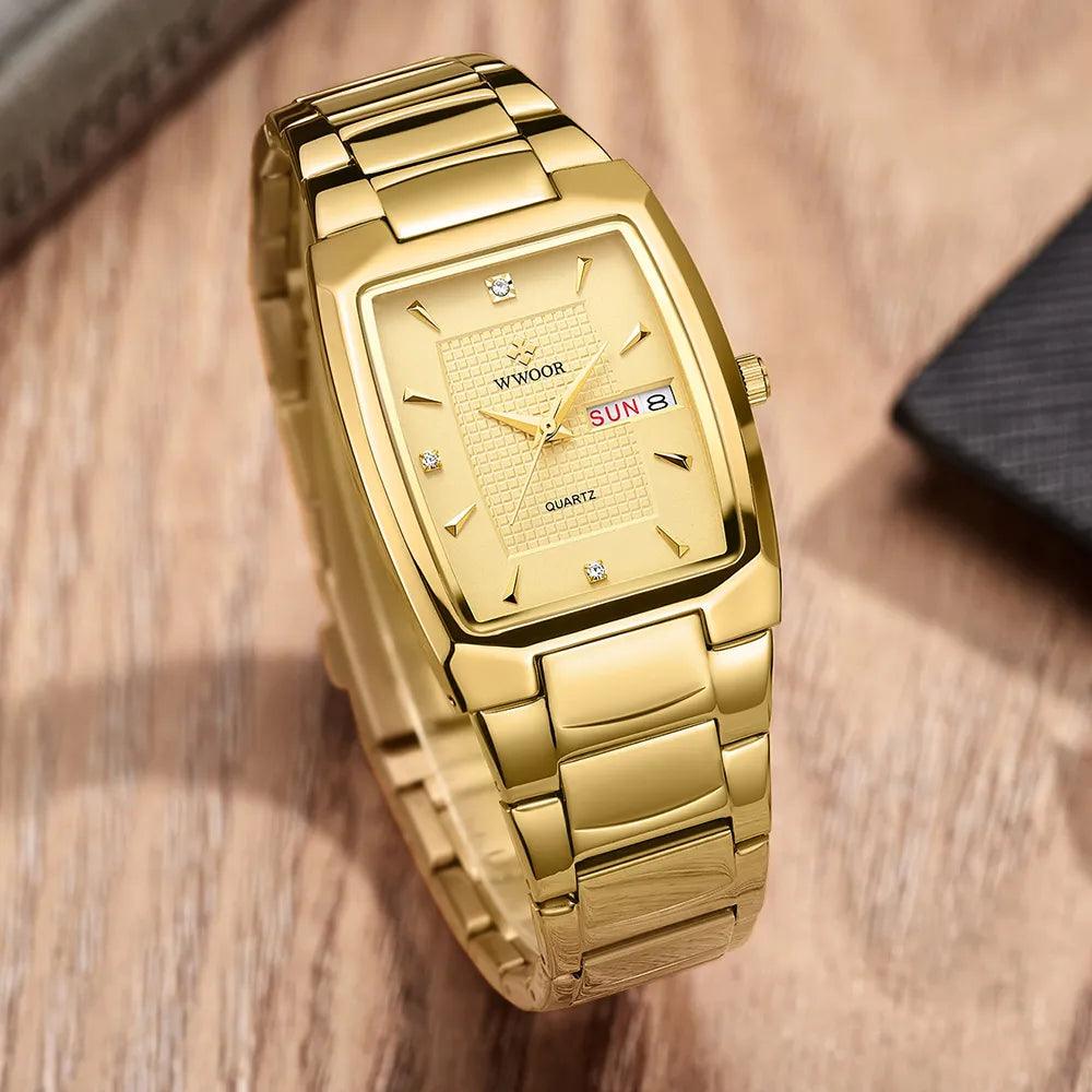 Square Luxury Men's Watch with Automatic Date Display Stainless Steel Gold Quartz Wristwatch  ourlum.com   