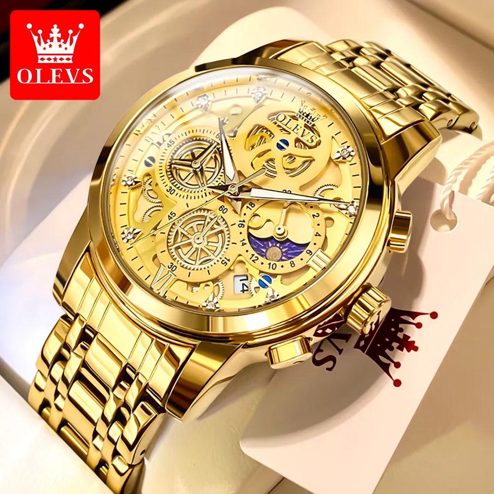Luxury Gold Skeleton Style Men's Quartz Watch by OLEVS - Waterproof with 24 Hour Day-Night Indicator  ourlum.com   