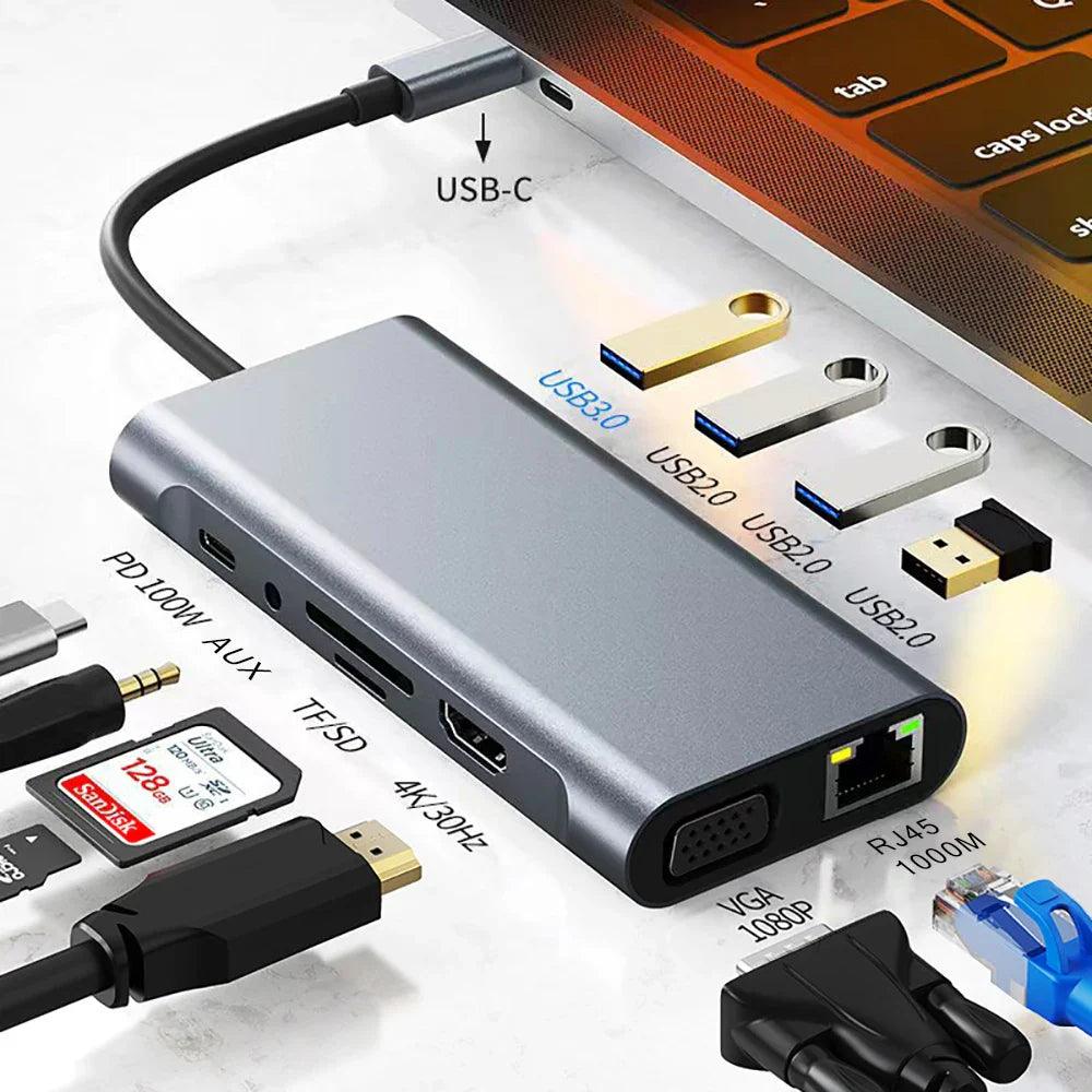 USB C Hub 11 in 1 Type C To 4K HDMI-compatible Adapter with RJ45 SD/TF Card Reader PD Fast Charge for Notebook Laptop Computer  ourlum.com   