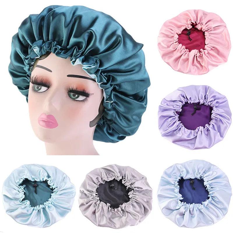 Reversible Satin Bonnet Hair Caps Double Layer Adjust Sleep Night Cap Head Cover Hat For Curly Springy Hair Styling Accessories  ourlum.com   