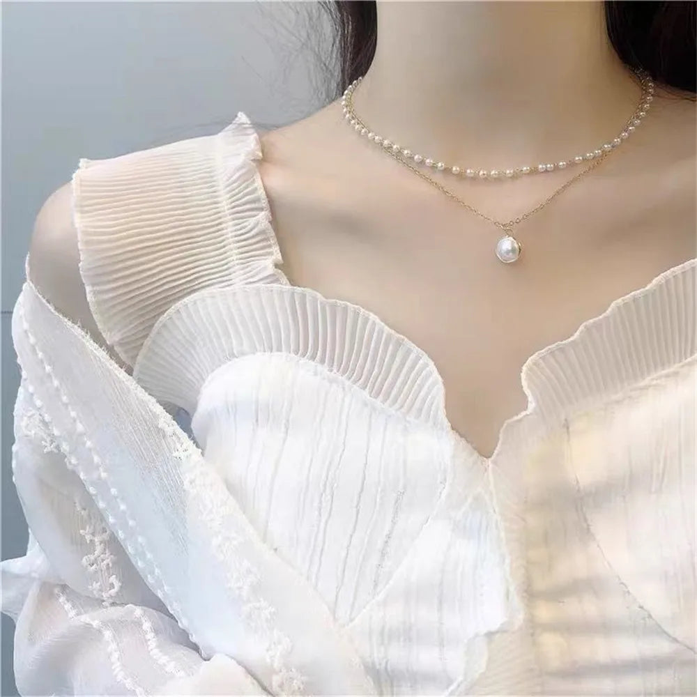 European Vintage Beaded Pearl Choker Necklace for Women Girls Simple Double Layer Pendent Clavicle Chain Necklaces Jewelry Gift