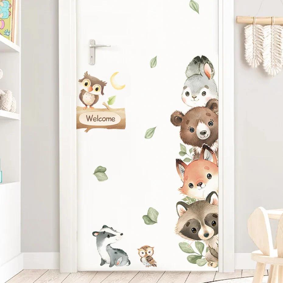 Forest Animals Cartoon Door Sticker: Charming Watercolor Nursery Wall Decal  ourlum.com   