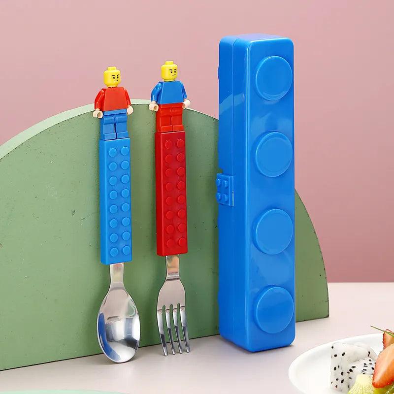 Kids Cartoon Stainless Steel Tableware Set with Building Block Toys  ourlum.com   