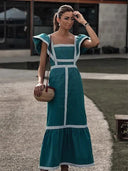 Elegant Striped Long Dress: Stylish Square Collar Robe