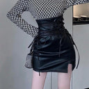 Gothic Black High Waist Leather Skirt with Edgy Lace-Up Style