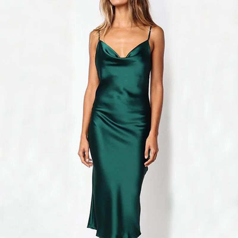 Elegant Summer Satin Midi Dress with Floral Design - Stylish Evening Wear for Women  OurLum.com   