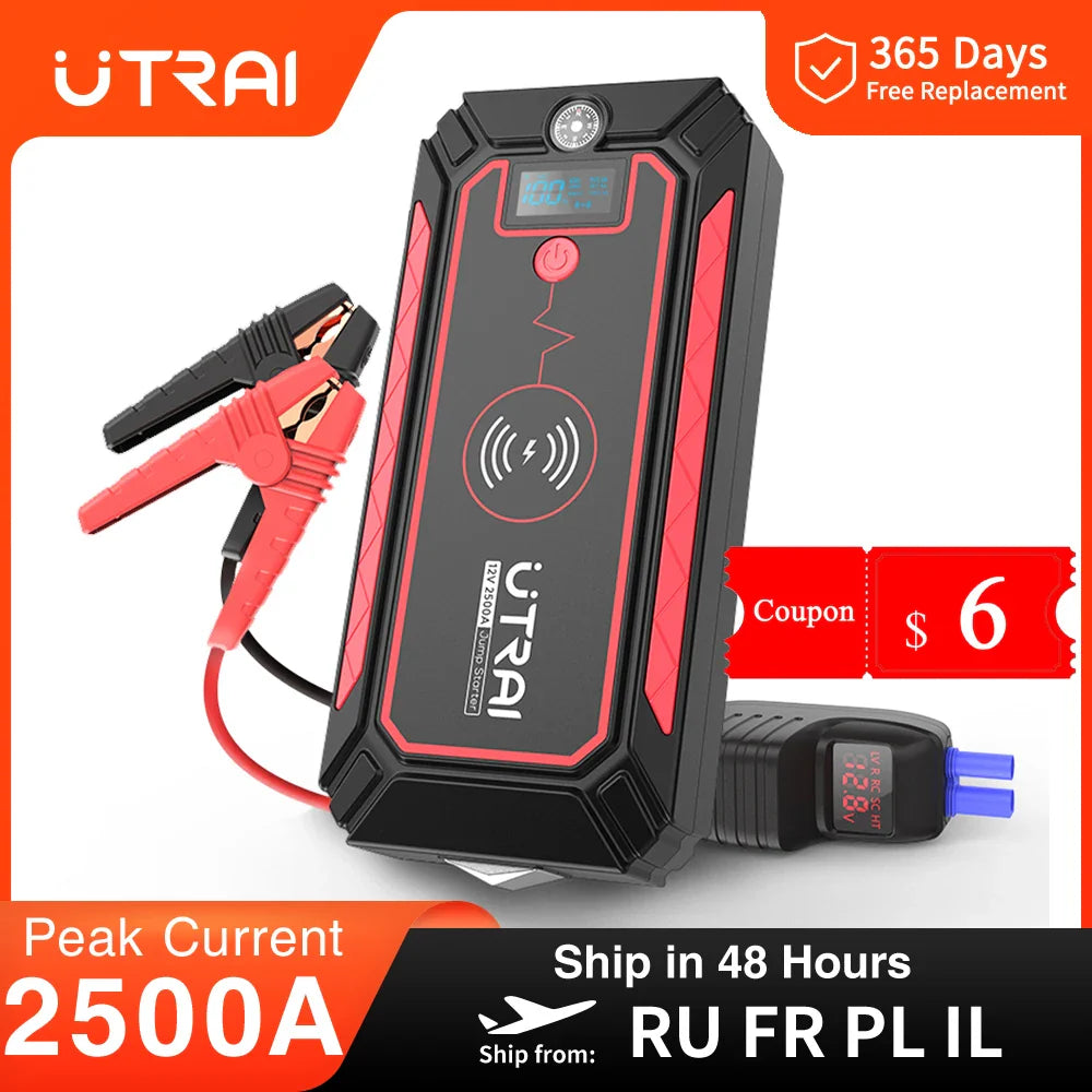 UTRAI Jump Starter 2500A Power Bank 10W Wireless Charger Safety Hammer 12V Emergency Starter Auto Car Booster Battery  ourlum.com   